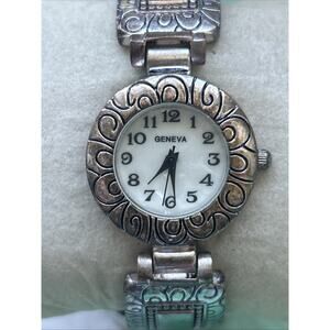 Geneva Brown And Silver Tone White Dial Women’s Cuff Watch